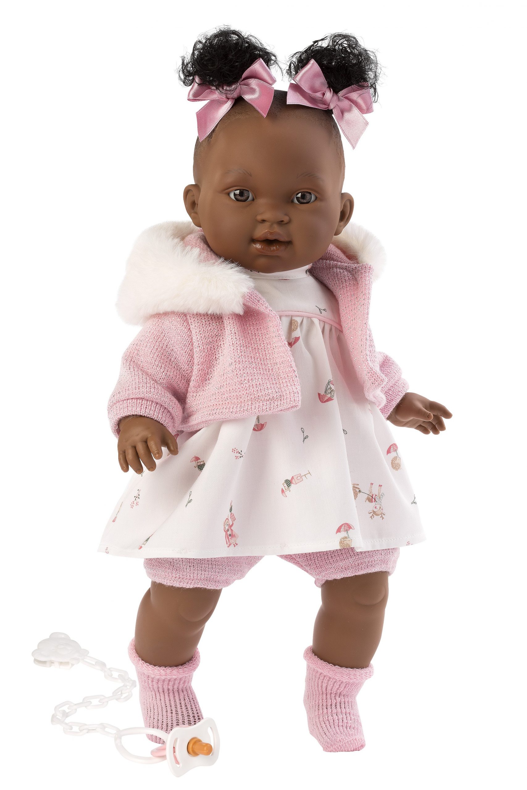 Llorens babypop softbody baby pop donker met geluid roze witte kleding speen 38 cm – Selintoys