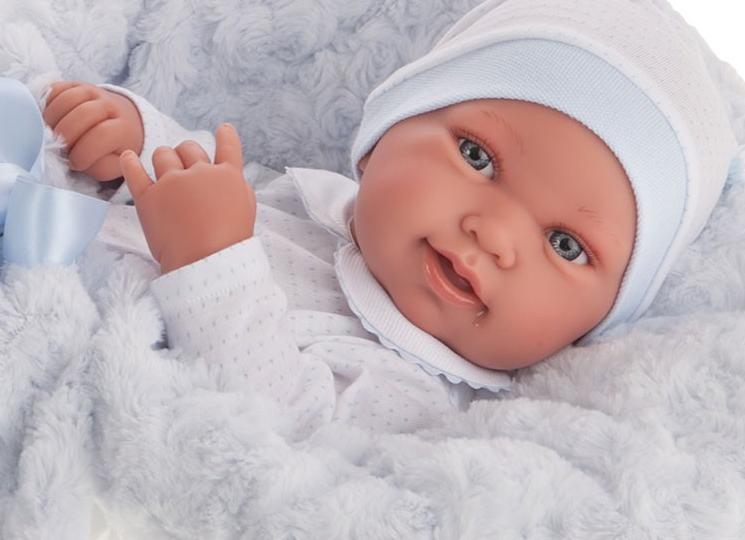 kant Grondwet Grens AJ03b Antonio Juan levensechte babypop jongen fullbody glimlachend met  kleding deken en speen 43 cm – Selintoys