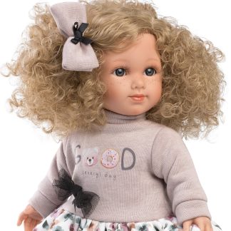 L22b Llorens popje soft body pop met blond krullend haar en kleding 35 cm