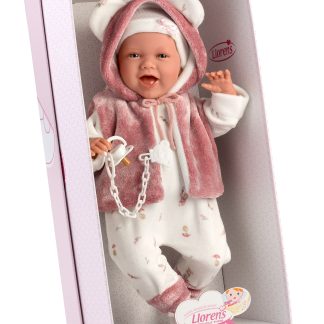L13a Llorens levensechte babypop soft body vrolijk met geluid kleding en speen 42cm