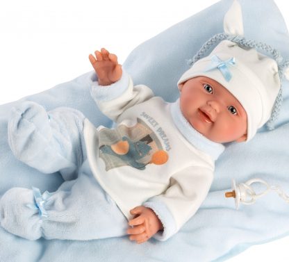 L04e Llorens levensecht mini babypopje jongetje fullbody met kleding kussen en speen 26 cm