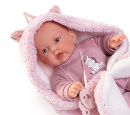 AJ26a Antonio Juan mini babypopje soft body baby popje met geluid kleding deken en speen 26 cm