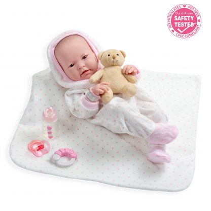 uitverkocht PB03c Berenguer babypop fullbody meisje bruine ogen kleding knuffel en speen 42 cm - Doos beschadigd