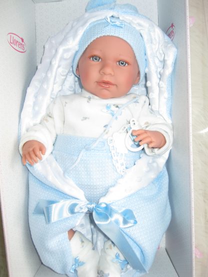 L11a Llorens levensechte babypop soft body baby pop met geluid blauwe kleding slaapzak speen 42 cm - doos beschadigd