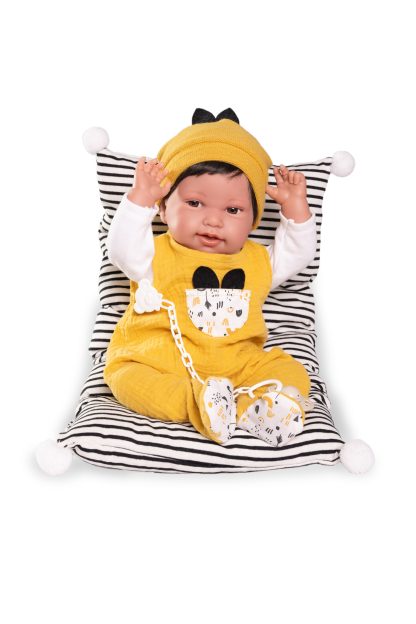 AJ18f Antonio Juan pop babypop softbody bruine ogen met haar kleding en speen 42 cm