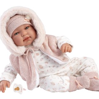 L12b Llorens levensechte babypop softbody baby pop met geluid roze witte kleding speen 44cm