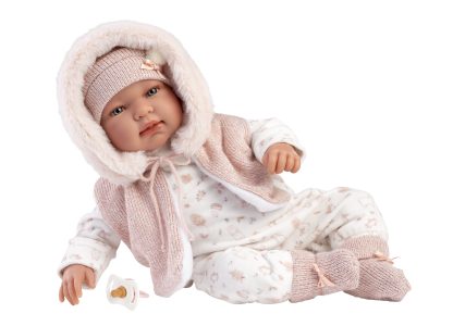 L12b Llorens levensechte babypop softbody baby pop met geluid roze witte kleding speen 44cm