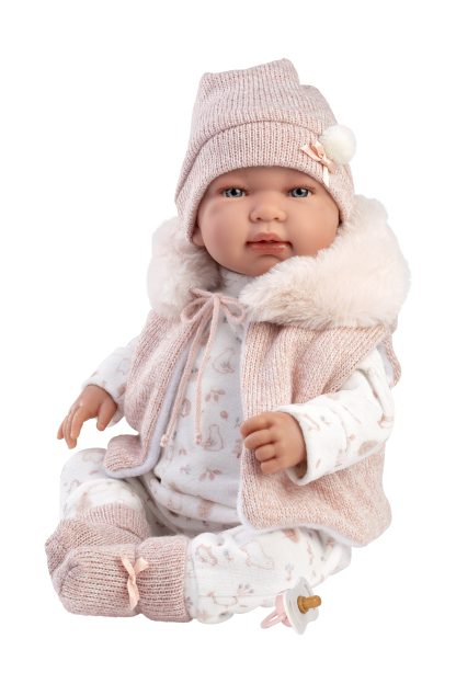 L12b Llorens levensechte babypop softbody baby pop met geluid roze witte kleding speen 44cm - Afbeelding 4