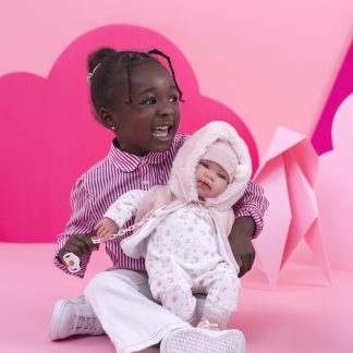 L12b Llorens levensechte babypop softbody baby pop met geluid roze witte kleding speen 44cm