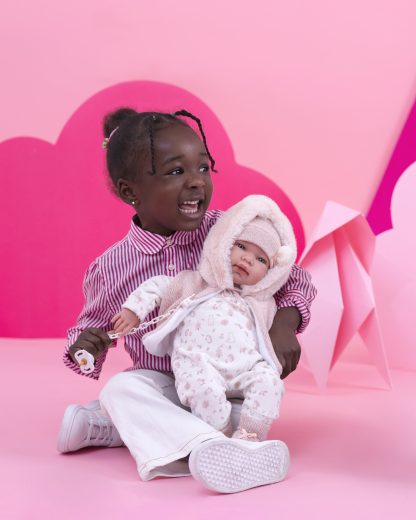 L12b Llorens levensechte babypop softbody baby pop met geluid roze witte kleding speen 44cm - Afbeelding 3