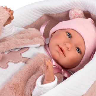 L08r Llorens levensechte babypop soft body baby pop met geluid reiswieg kleding speen 42cm