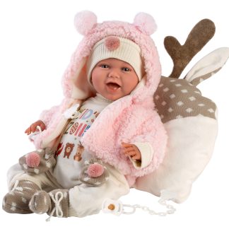 L13b Llorens babypop soft body vrolijk met geluid kleding kussen en speen 42 cm