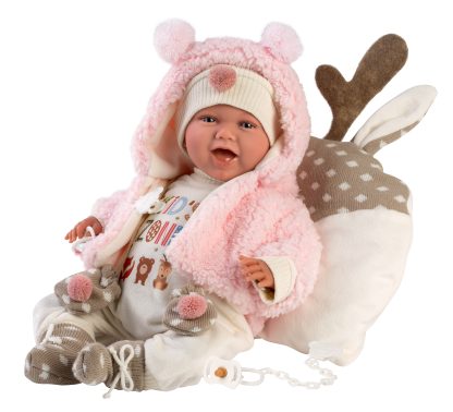 L13b Llorens babypop soft body vrolijk met geluid kleding kussen en speen 42 cm