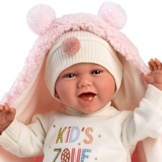 L13b Llorens babypop soft body vrolijk met geluid kleding kussen en speen 42cm