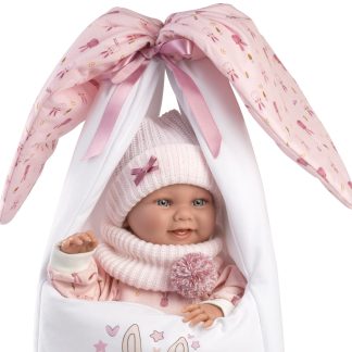 L02a Llorens levensechte babypop meisje full body in kleding draagmand en speen 40cm