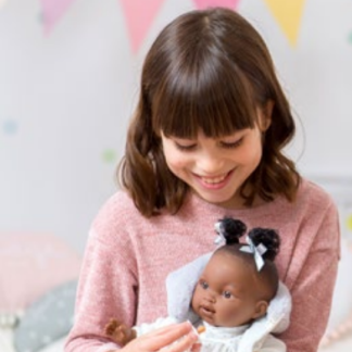 L19d Llorens babypop softbody baby pop donker met geluid roze witte kleding speen 38cm