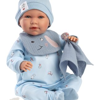 L08b Llorens levensechte babypop soft body baby pop met geluid blauwe kleding en speen 42cm