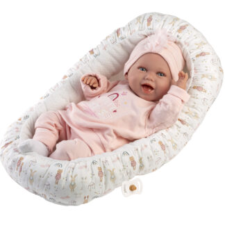 L13c Llorens babypop soft body vrolijk met geluid kleding babynest en speen 42cm