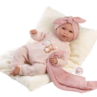L11c Llorens levensechte babypop soft body baby pop bruine ogen geluid kussen en speen 42 cm