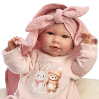 L11c Llorens levensechte babypop soft body baby pop bruine ogen geluid kussen en speen 42cm