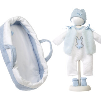 AL03a Poppenkleding met reiswieg 5 delige set Llorens voor pop 40 t/m 44 cm